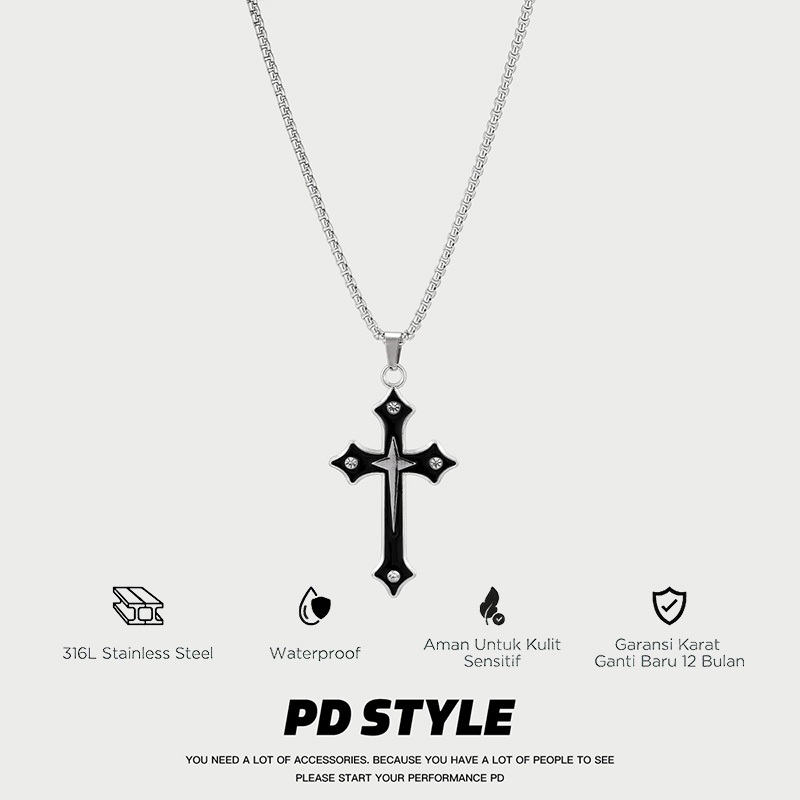 PD STYLE-Kalung titanium dengan liontin salib hitam dan batu permata zirkon, unisex dan tahan karat.