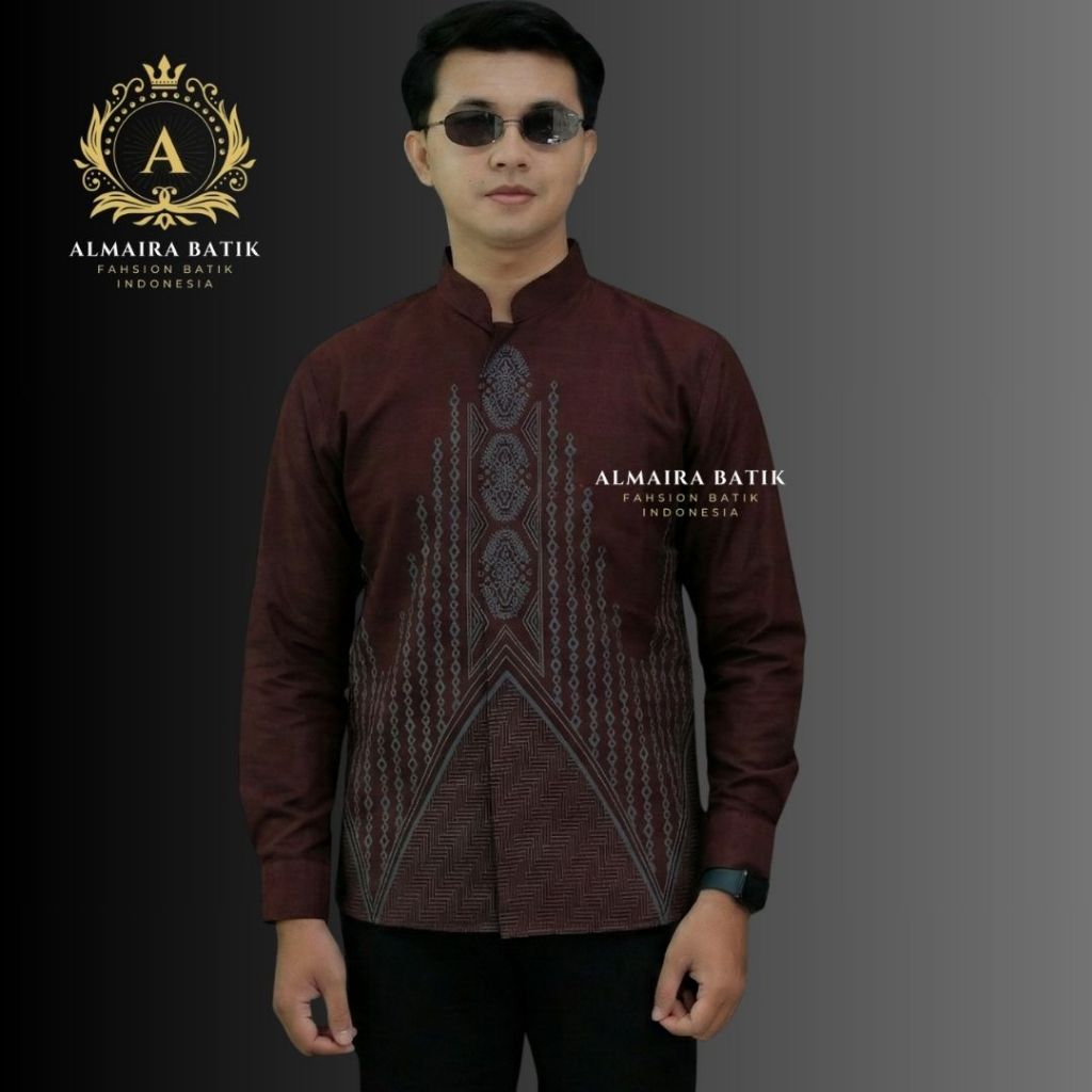 Koko Batik LIONTIN BURGUNDY Baju Koko Batik Pria Premium Slimfit Lapis Furing Lengan Panjang Dan Len