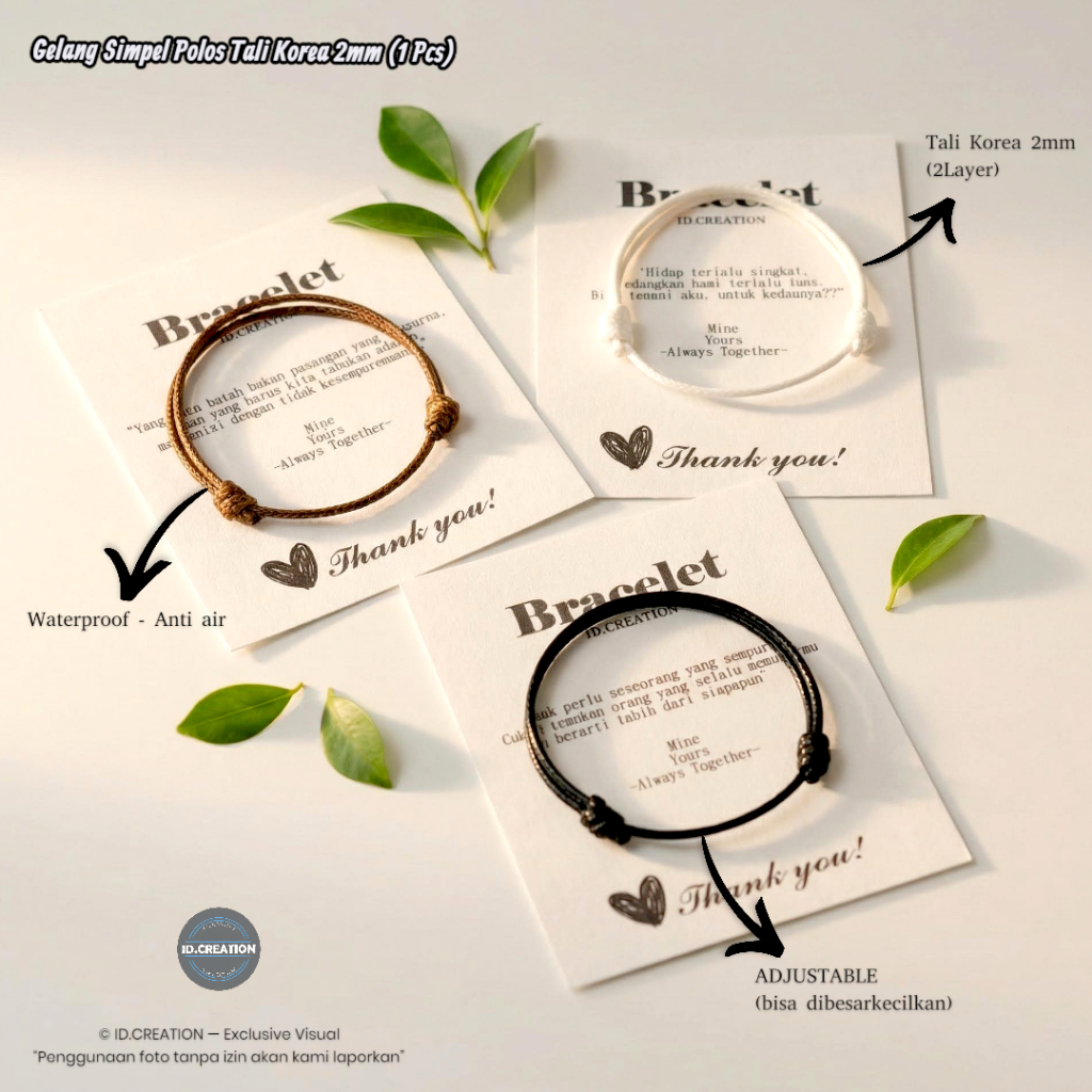 Gelang Tali Polos - Tali Korea 2mm Premium Waterproof Warna Hitam Coklat Putih (1 Pcs)