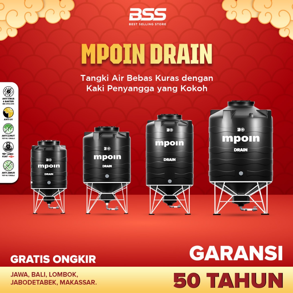 Tandon Toren Tangki Air MPOIN DRAIN 400-2000 (350-2000 liter) Bebas Kuras Garansi 50th Anti Lumut