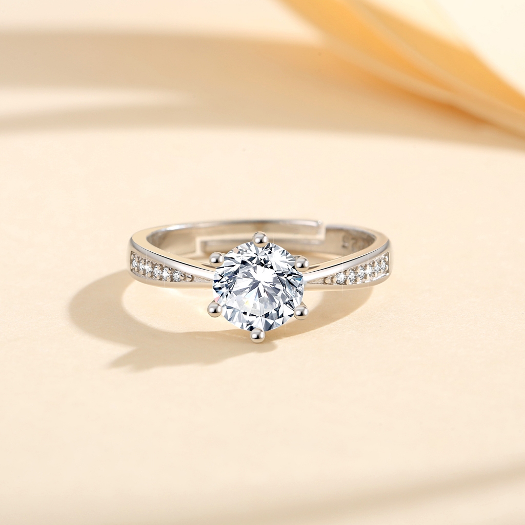 LOVETIA Cincin Moissanite Wanita Bercakar Enam 1.0 Ct S925 Perak Elegan Sertifikat GRA Berlian Asli 