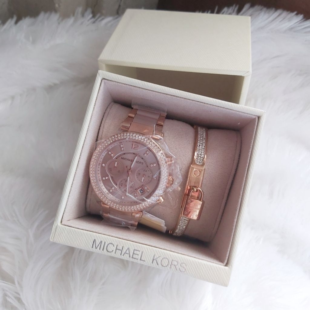 jam tangan wanita MK 5896 Rose Gold Bonus Gelang MK