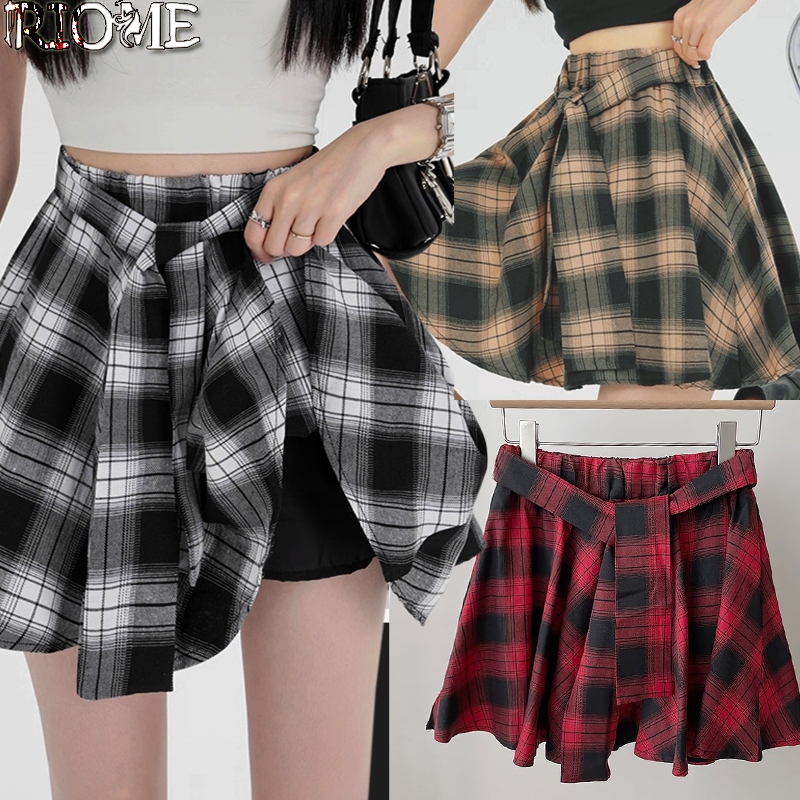 Rok pendek pinggang tinggi ala Korea rok pendek kemeja kotak-kotak Rok pendek Tidak Beraturan rok pe