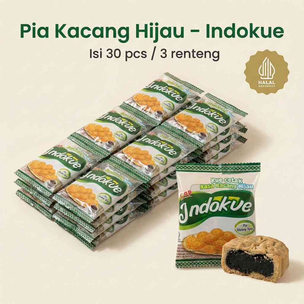 Indokue Kue Kering Kacang Hijau Isi 30 pcs Pia Kue Kacang Hijau Premium Tanpa Bahan Pengawet