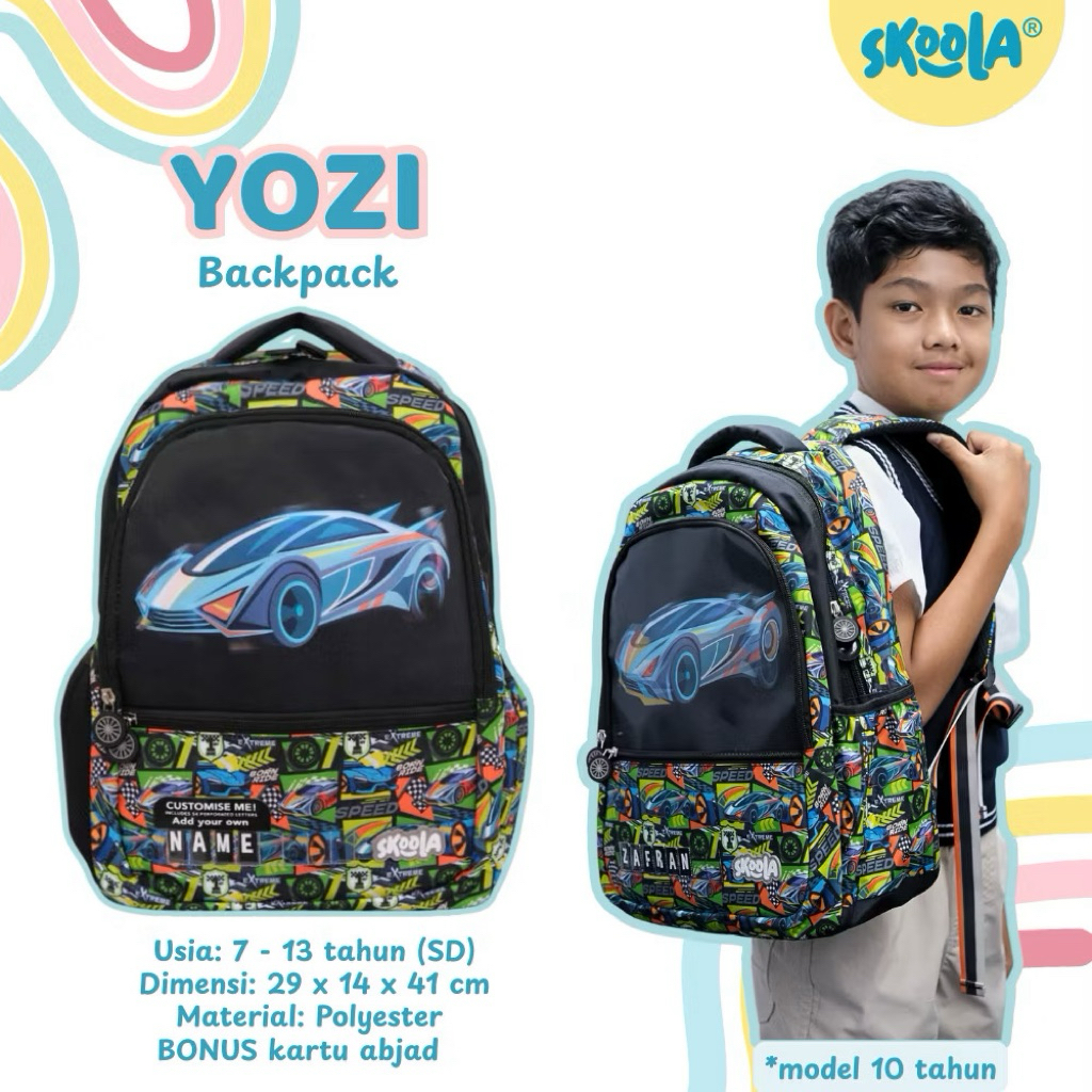 Skoola Tas Sekolah Anak SD Laki Laki Karakter Dino Cars 3D Custome Name - Yozi Finzi