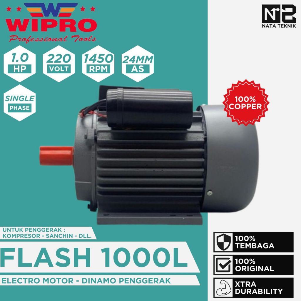 WIPRO Dinamo Motor Penggerak 1/4 - 3 Hp 1 Phase 4 Pole 1400 RPM - WIPRO Dinamo Electro Motor FLASH T