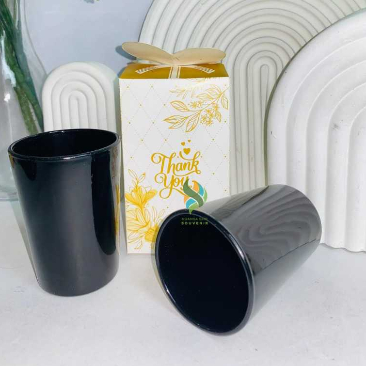 Souvenir Gelas Kaca Minum Cangkir Jamu Mug Kopi Teh Tumbler Beling Doff Glossy Hitam