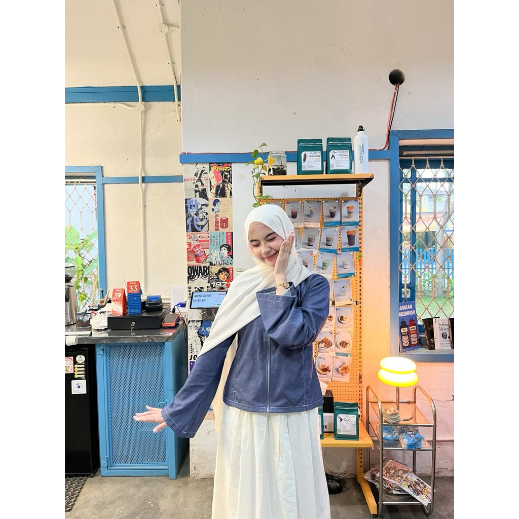 Nanoona Nada Denim Top Zipper - Atasan Wanita Denim Lengan Terompet