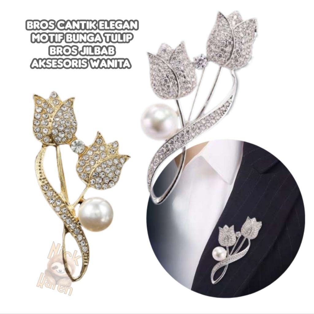 Bross cantik, elegan, motif bunga tulip, pin hijab

