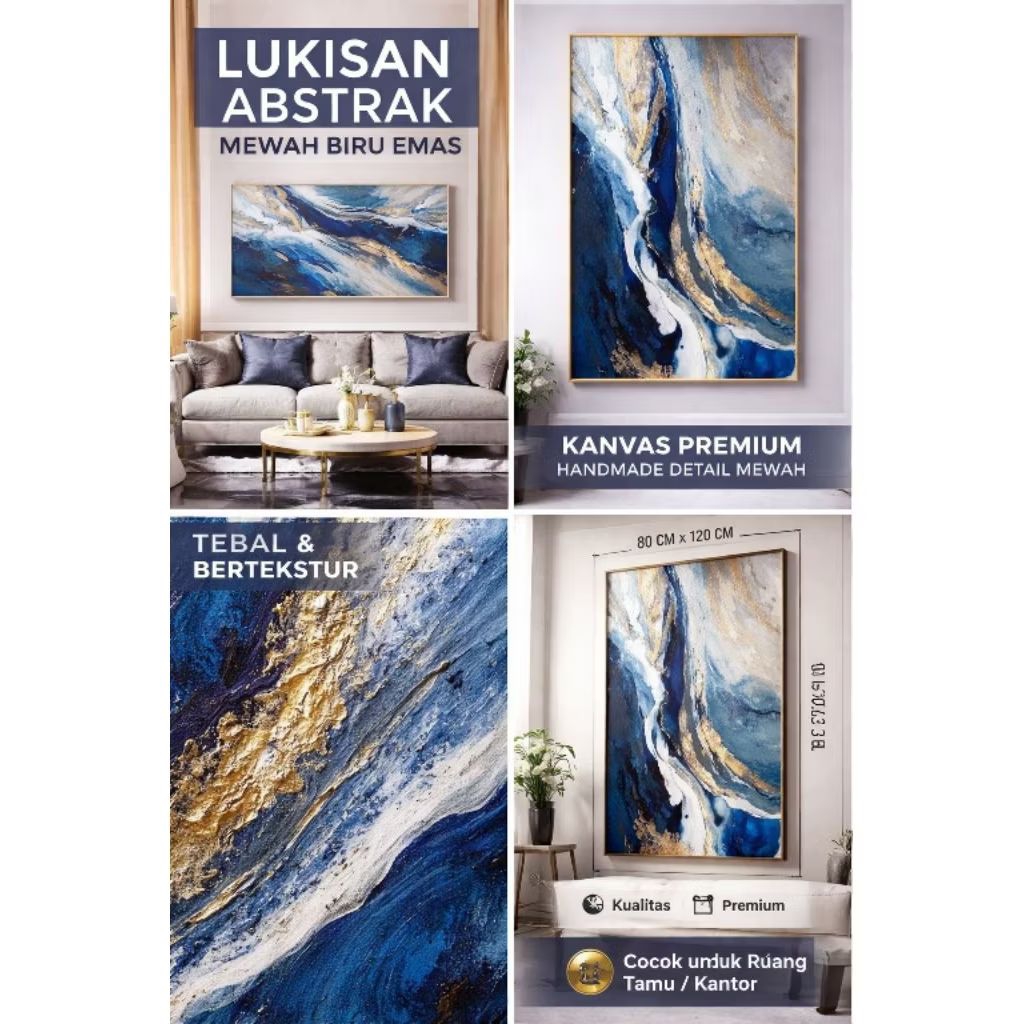 Lukisan Abstrak Modern Biru Emas | Dekorasi Dinding Ruang Tamu Mewah