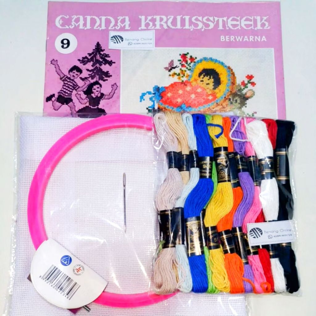 Paket Sulam Kristik Lengkap (1 Set) isi Buku Kristik/Kain strimin/Jarum/Midangan Uk.S,M,L/Benang Sul