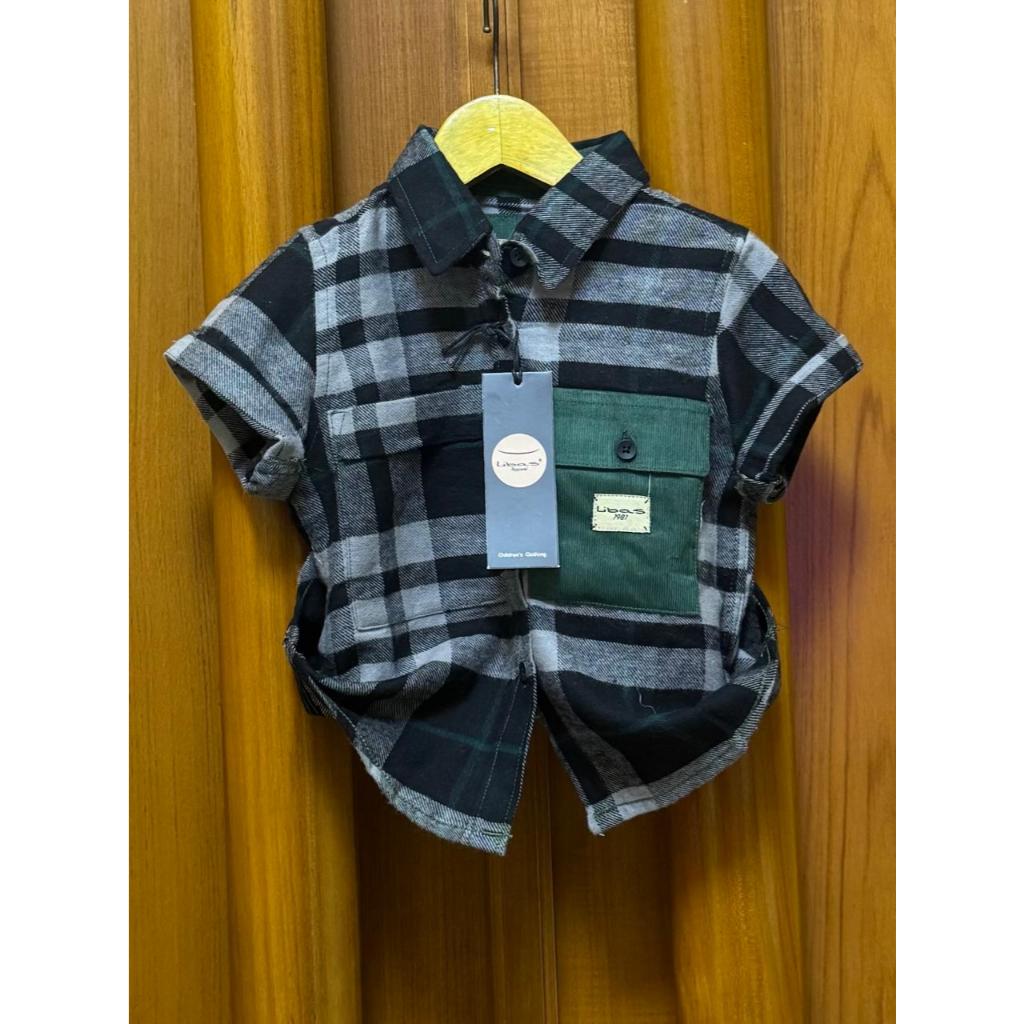 Kemeja Anak Laki - laki 1-13 Tahun Lengan Pendek Kotak - Kotak Hitam Abu By LIBAS / Bisa Cod