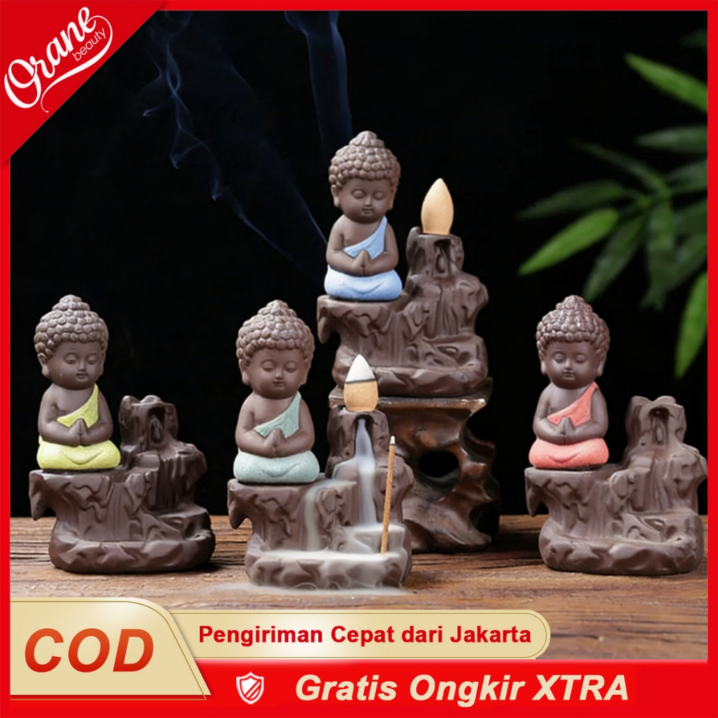 Oranebeauty Pembakar Asap Aliran Balik Biksu Kecil Keramik, Tempat Dupa, Patung Buddha Maitreya, Air