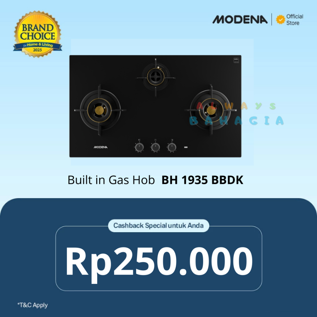 Modena BH 1935 BDBK kompor tanam 3 tungku full kuningan 90 cm BH 1935 LB
