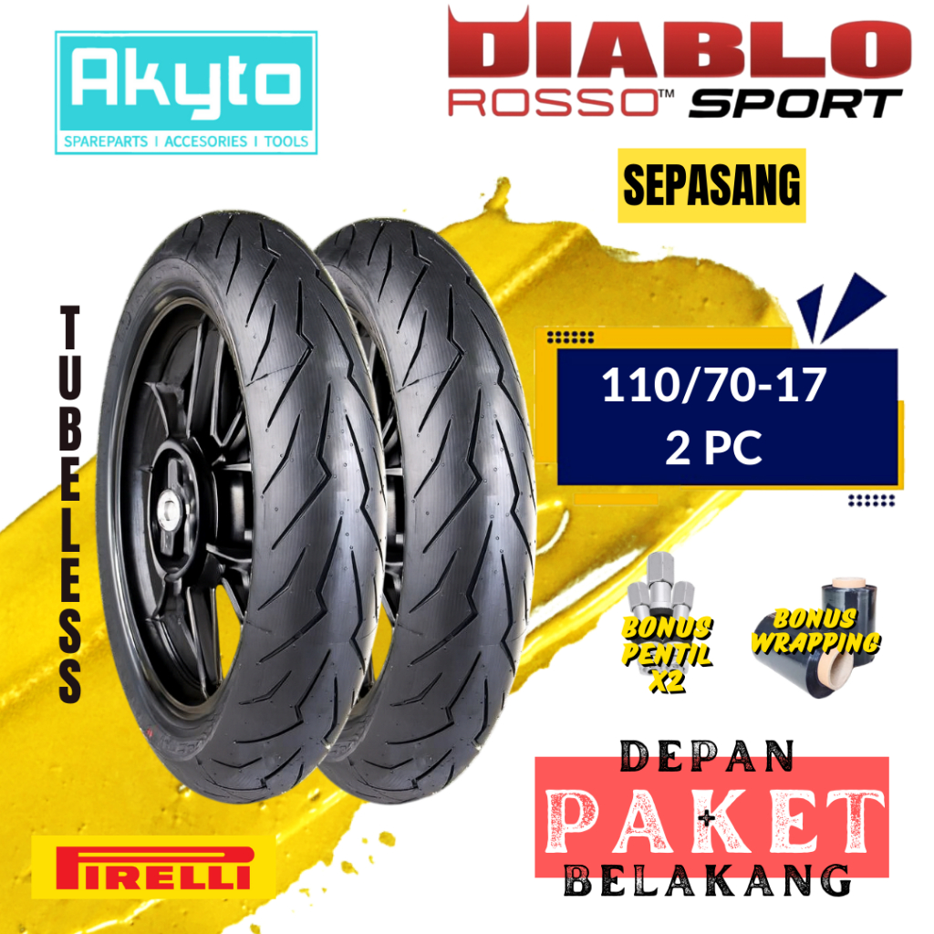 PAKET HEMAT [110/70-17 + 110/70-17] PIRELLI DIABLO ROSSO SPORT / BAN MOTOR TUBELESS FREE PENTIL + WR