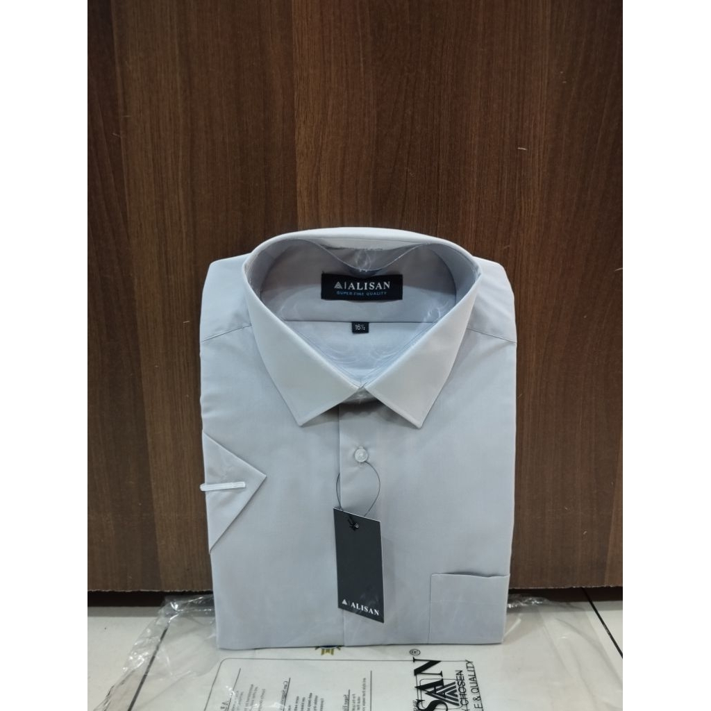 Alisan Kemeja Polos Formal Pria Kode Abu 1/Abu Muda Lengan Pendek Reguler