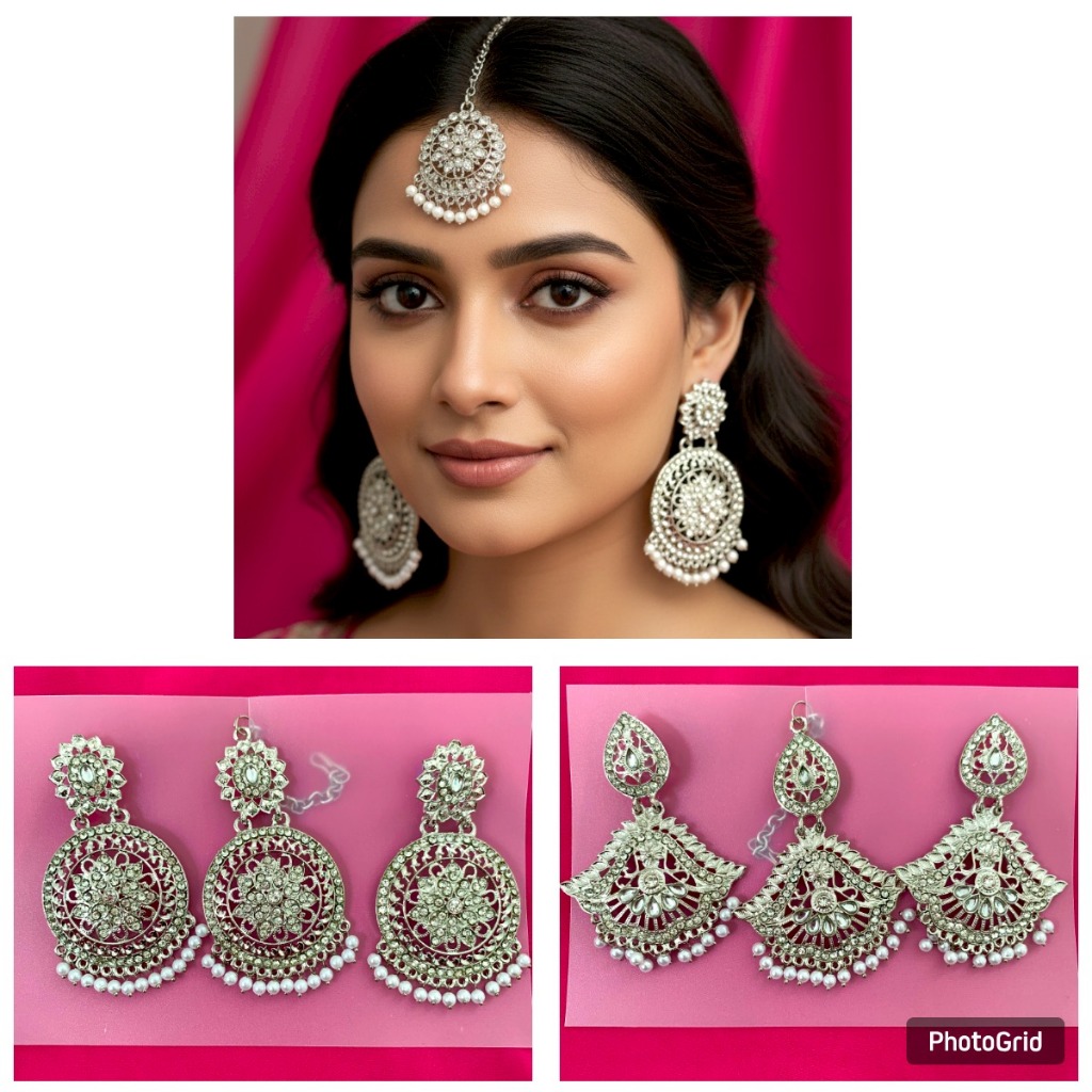 set anting tikka india Silver/set anting/anting india/hiasan kening india/hiasan kepala india