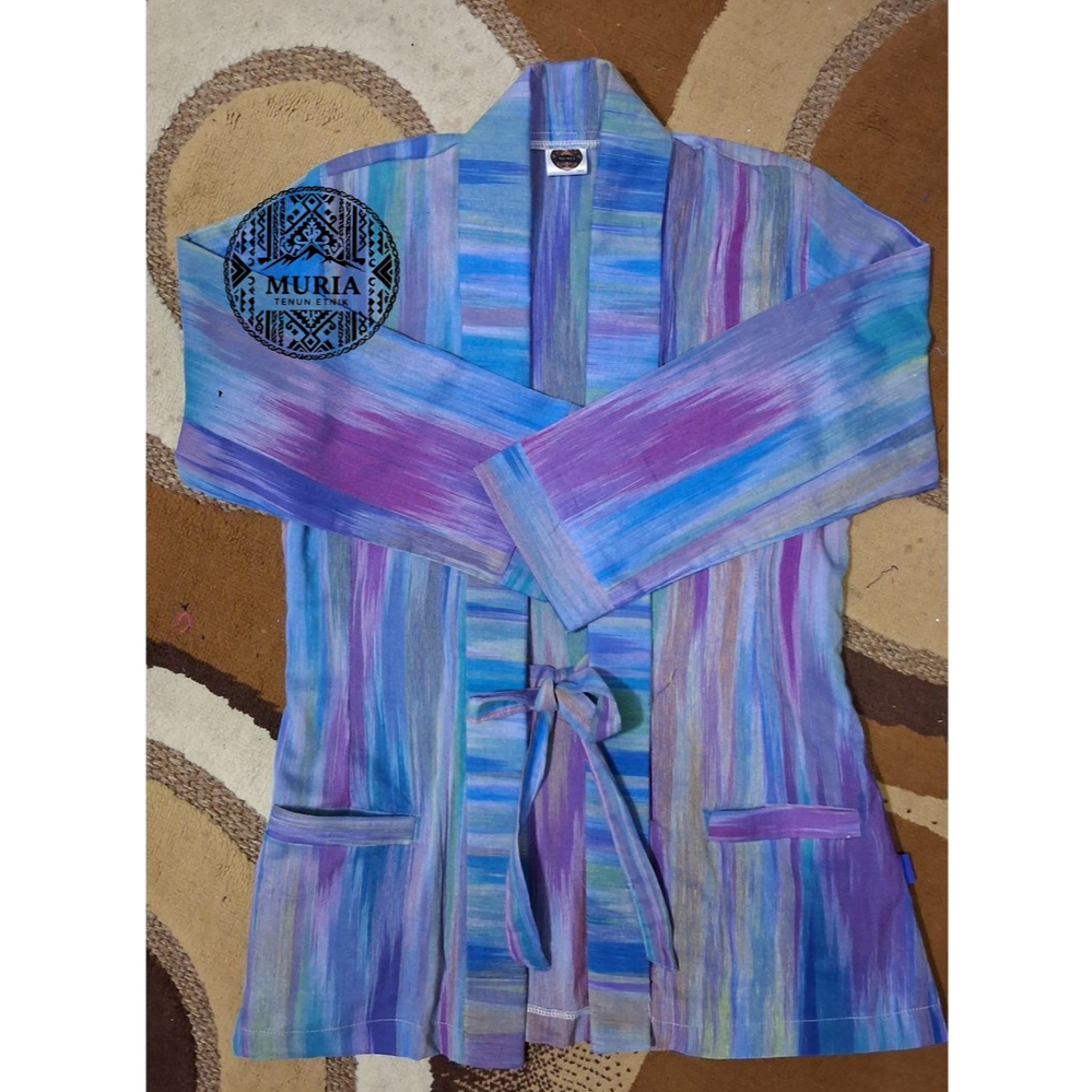 Outer  Art Kimono ATBM Vintage slim Wanita Lengan Panjang Motif Tenun Etnik Rainbow dengan Desain Un