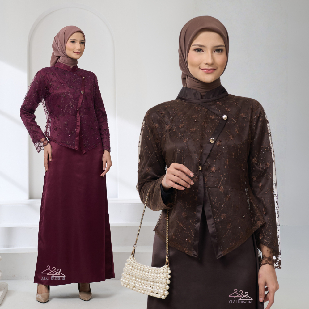 Dress Vella Gamis Lebaran 2026 Model Baru Spesial Burgundy Mahogany Satin Vest Brokat Kondangan Eleg