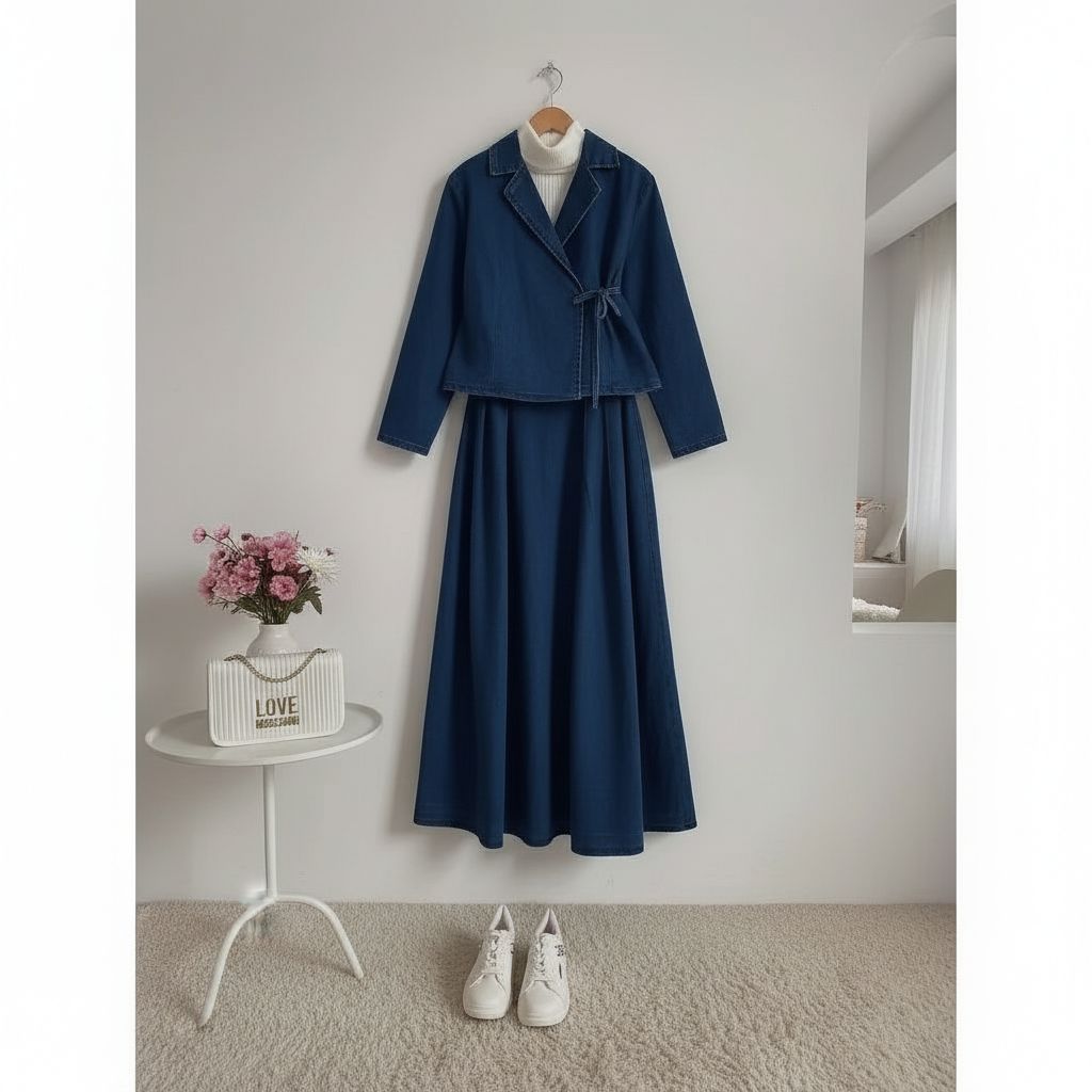 Fashion MUSLIM, baju wanita, baju stelan wanita, setelan Jeans, Baju stelan, Bella One Set Jeans