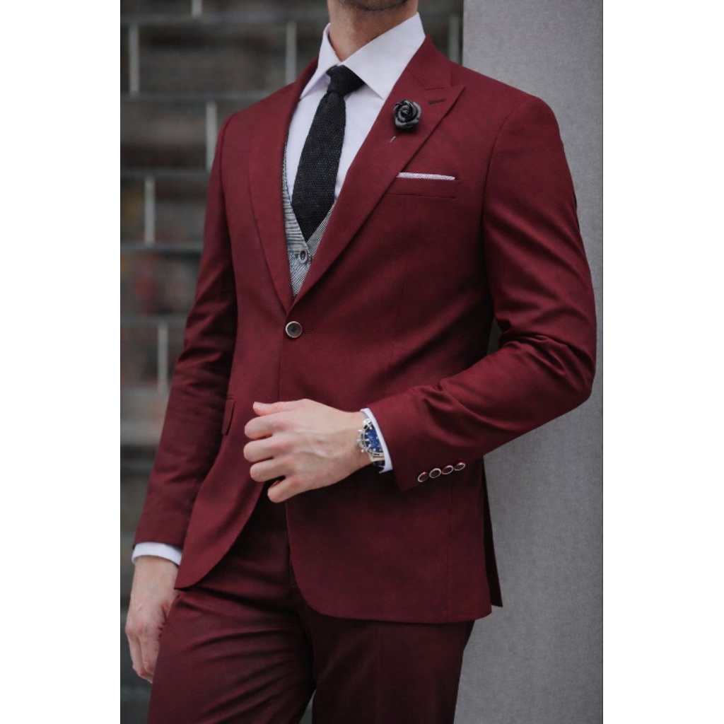 jas pria formal casual slimfit merah maroon