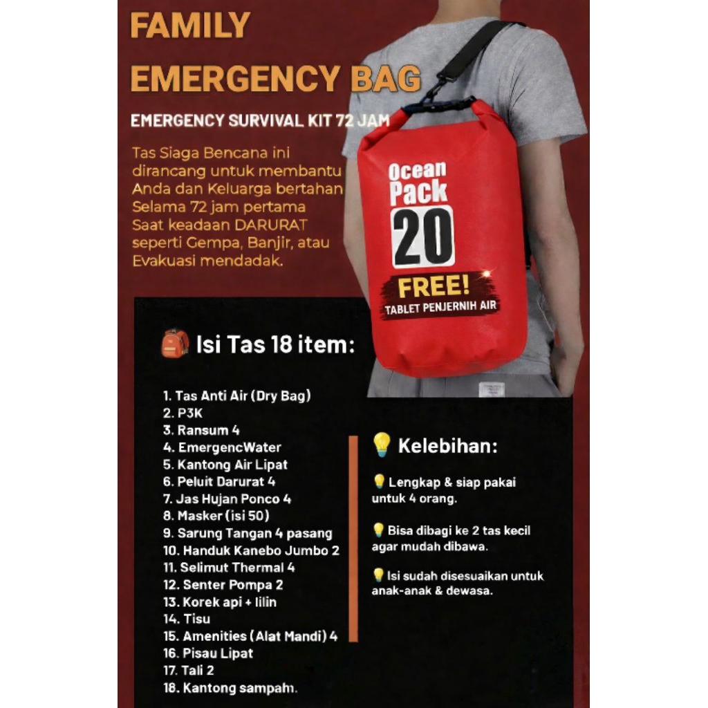 TAS SIAGA BENCANA KELUARGA / FAMILY EMERGENCY BAG / SURVIVAL KIT / P3K PERLENGKAPAN