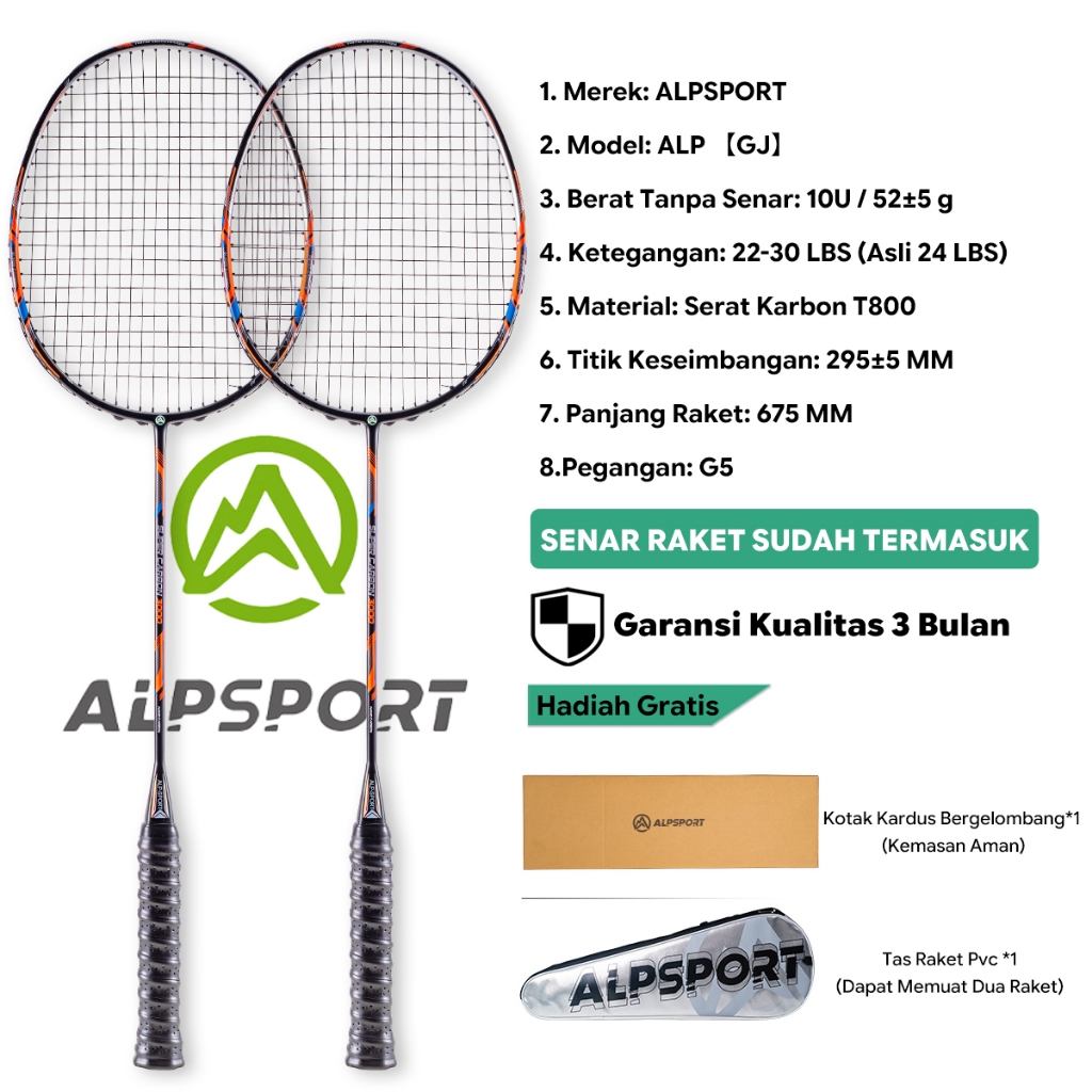 ALPSPORT GJ Max 35LBS 10U 52g Raket Bulutangkis Hitam Senar Grip Terpasang Premium Full Carbon Serat