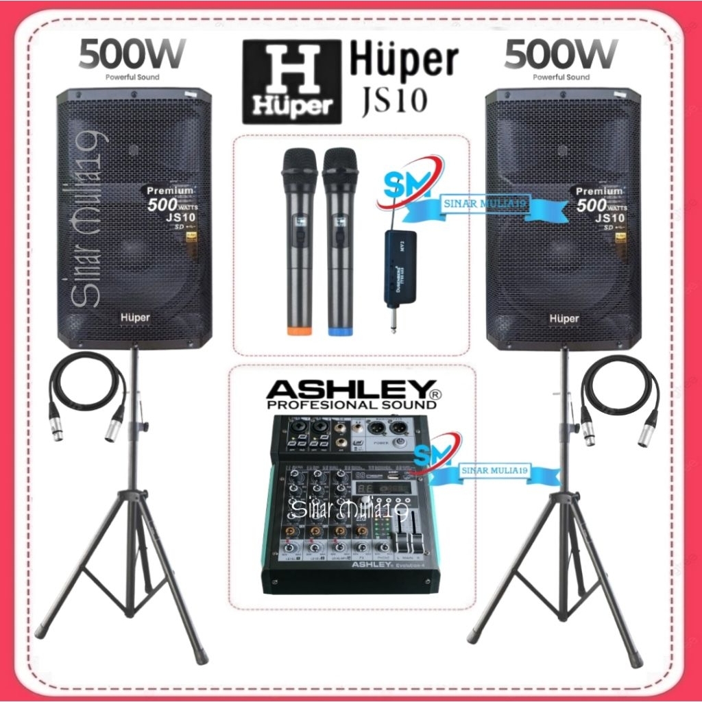 Paket Sound System Karaoke Speaker Aktif Huper JS10 Mixer Ashley 4 Channel Mic Wireless DusenBerg Or