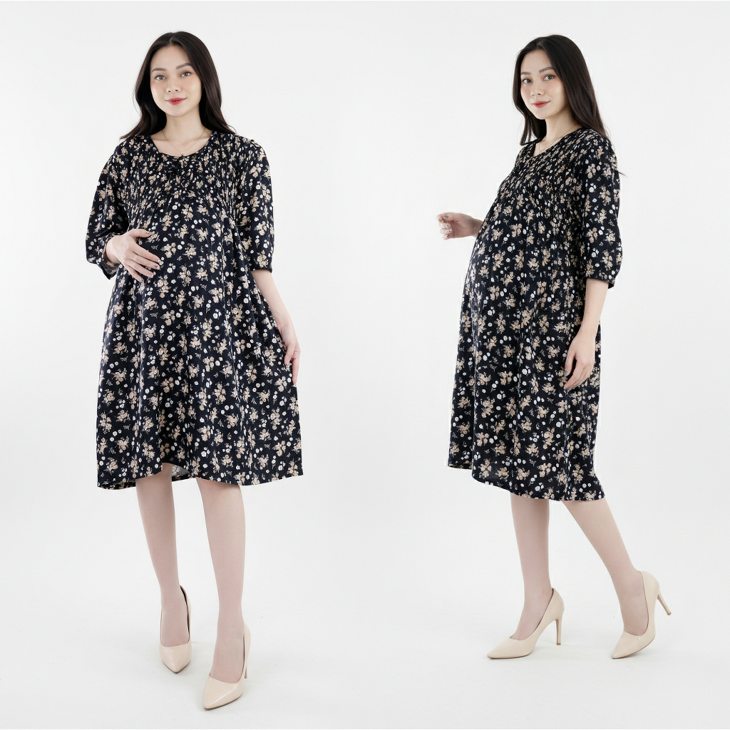 Dress Bumil Daster Hamil Menyusui Bunga Hitam Adem Busui Friendly – Baju Tidur Bumil Nyaman Katun Ra