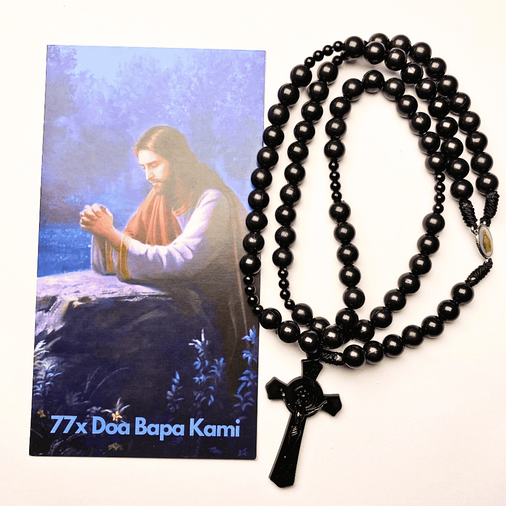 Rosario Bapa kami Paket Rosario Bapa kami 77 Bapa kami Manik susu Hitam - Kalung Benediktus - Rosari