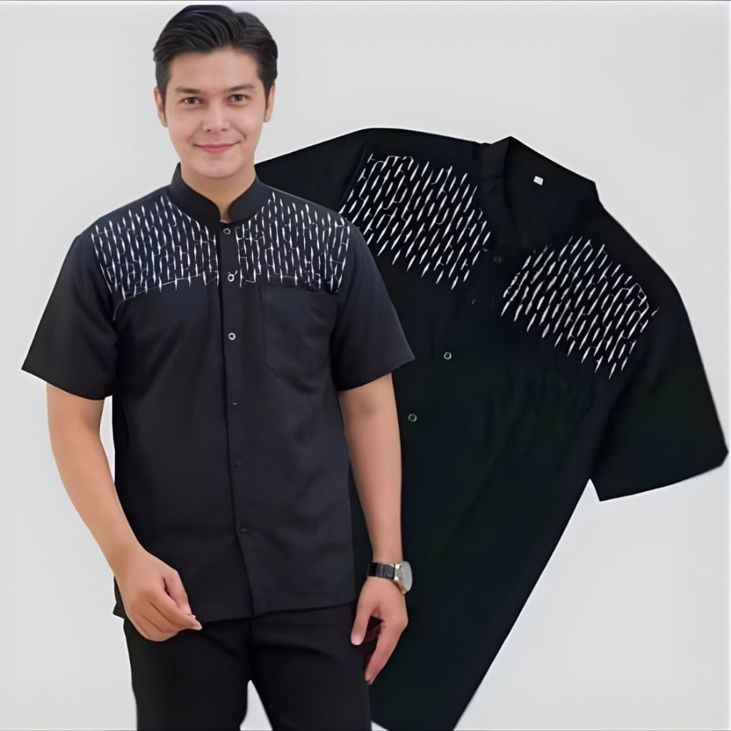 Baju Koko Motif Bordir Jasuke Lengan Pendek [Hitam]
