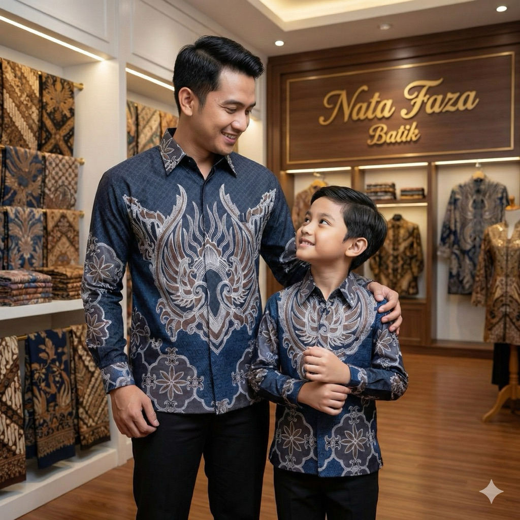 EXCEPTIONAL Navy Kemeja Batik Couple Keluarga Ayah Anak Motif Mahkota – Katun Premium Nyaman Ayah Pa