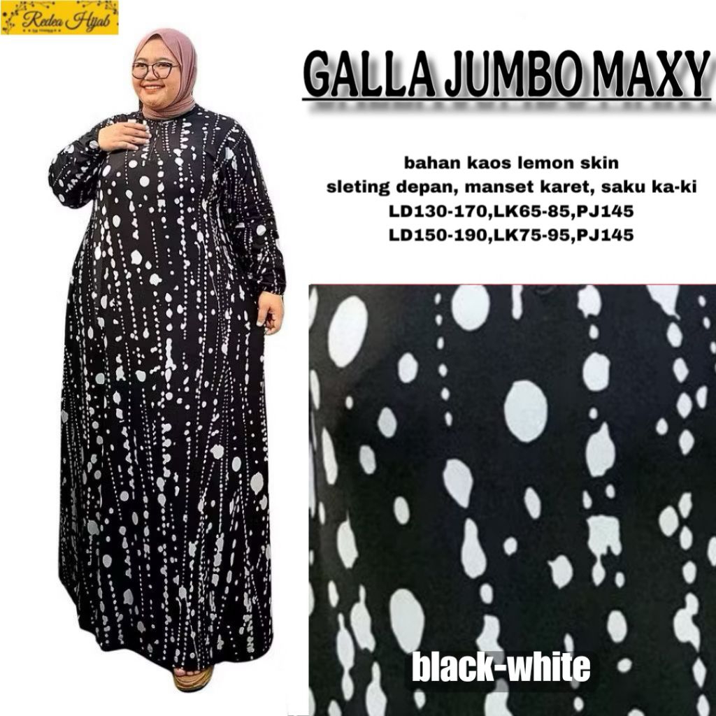 Gamis Wanita Galla Jumbo Maxy Dress Bahan Kaos Lemon Skin Motif Polka Allsize LD130 150 By Redea