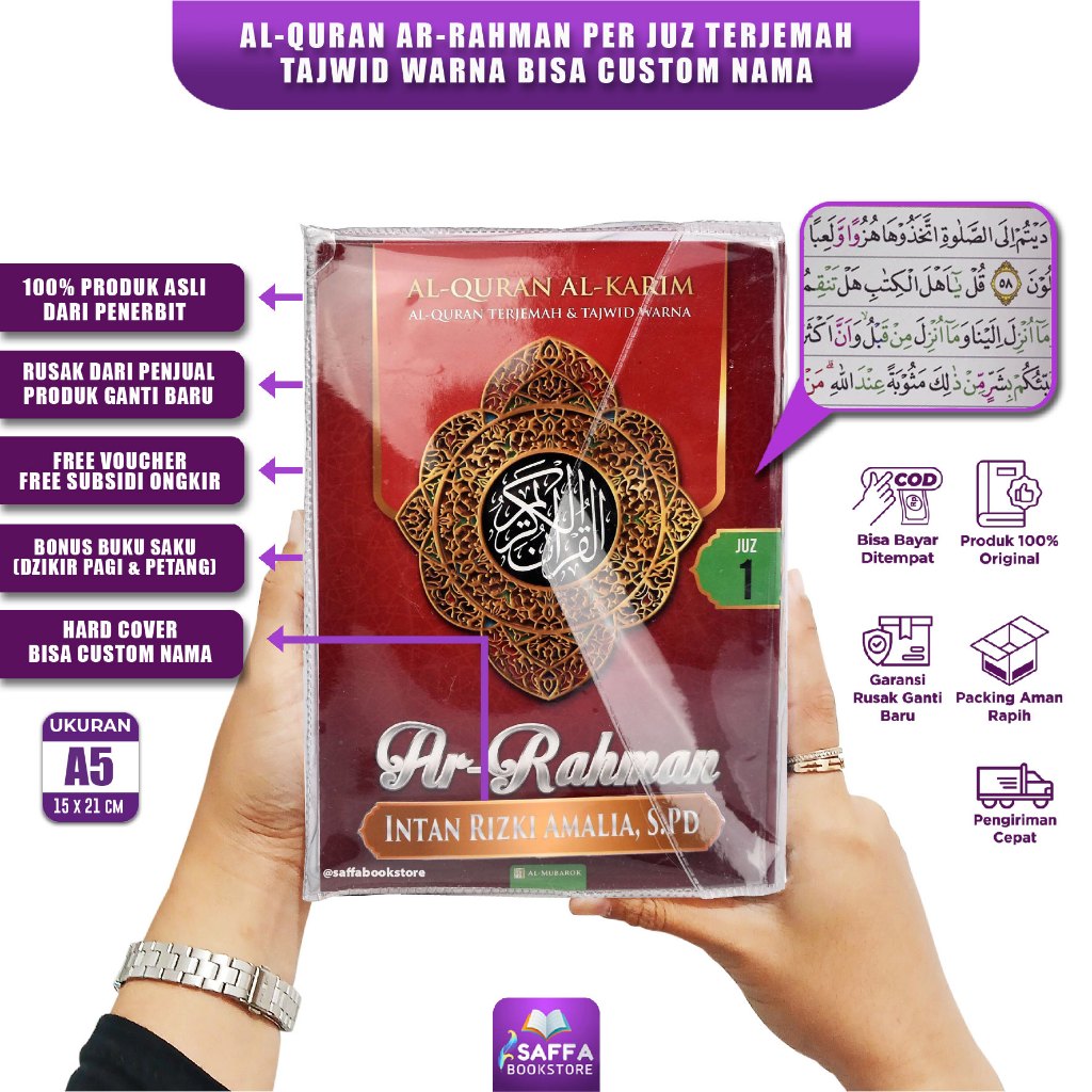 Alquran Per Juz Ukuran Besar 30 Juz A5 Custom Nama Ar-Rahman Al Quran Tajwid Warna Terjemah Perjuz