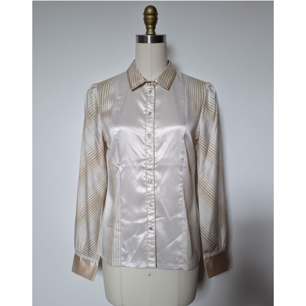 Blouse Satin Premium Silk Stripe - Kemeja Wanita Vintage Elegant - Han’s Collection Cream Gold