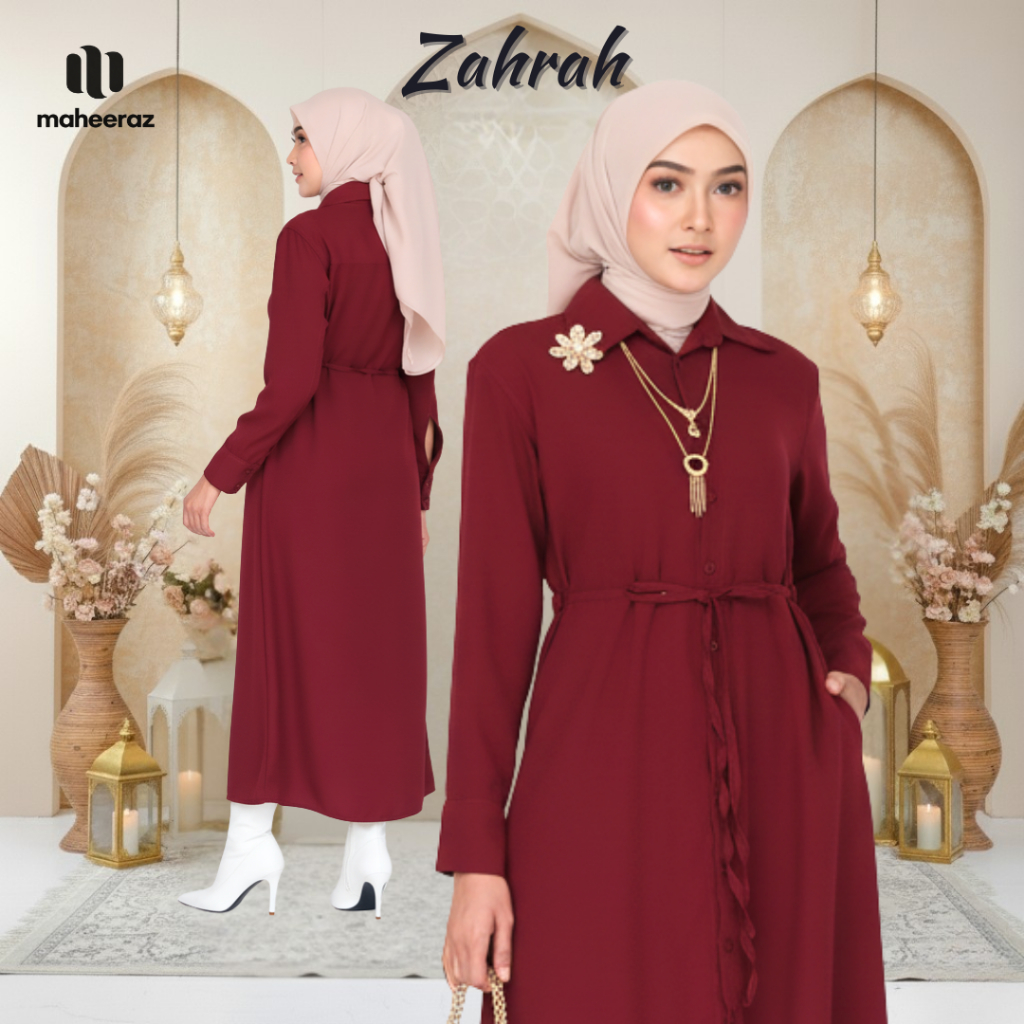 Maheeraz Zahrah Dress Gamis Wanita Kekinian Baju Lebaran Wanita 2026 Mewah Elegan Merah Maroon
