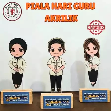 Piala Guru Dinas Putih Kecil Tatakan Kayu Piala Hari Guru Custom Tulisan