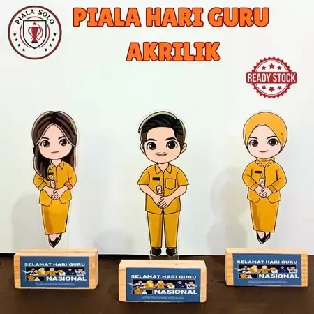 Piala Guru PNS Coklat Kecil Tatakan Kayu Piala Hari Guru Custom Tulisan