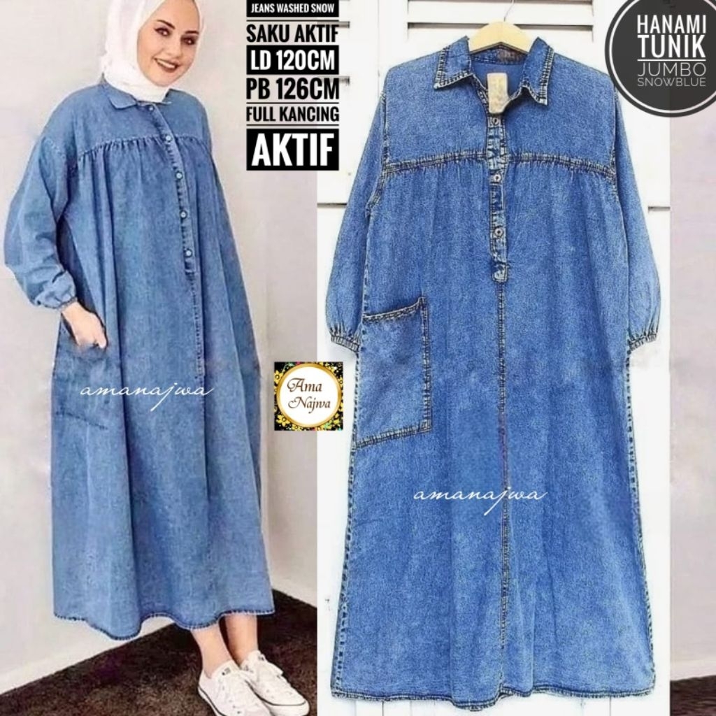 MIDI DRESS JUMBO LD 120 LONG TUNIK JEANS JUMBO BUSUI KANCING DEPAN