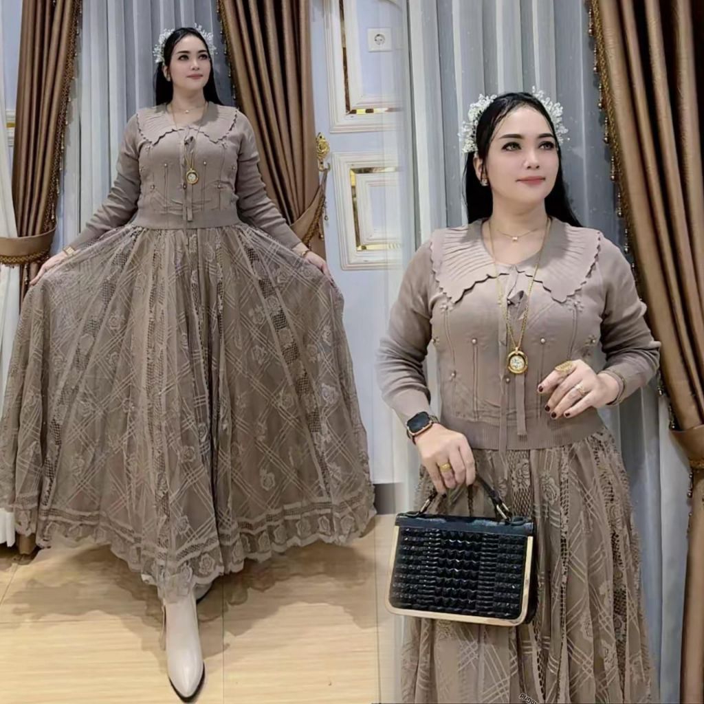 MAXI DRESS RAJUT KOMBI BROKAT IMPORT PREMIUM