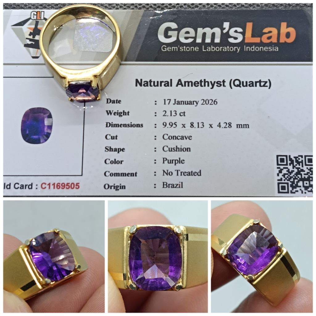 Natural Amethyst Top Luster 2,1ct Memo GLI Kecubung Ring Perak
