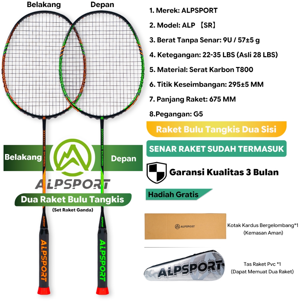 ALPSPORT SR Dua Sisi 9U 58g Max 35Lbs T800 Raket Bulutangkis G5 Full Carbon Serat Karbon Ultra Ringa