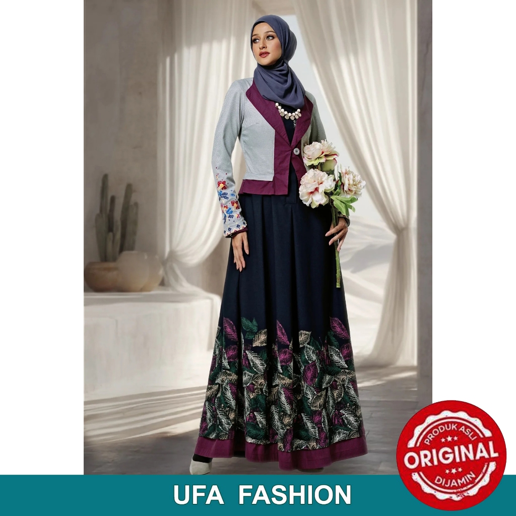 Gamis modern Perpaduan Warna Abu & biru dongker kain katun premium TUNEECA T-0126008