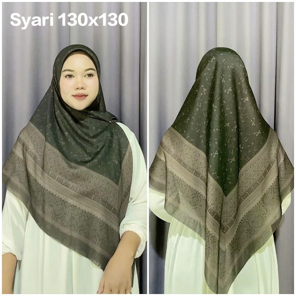 KERUDUNG SYAR'I SEGI EMPAT VOAL HIJAB MOTIF BUNGA KECIL COKELAT KEHITAMAN UK 130X130 JUMBO