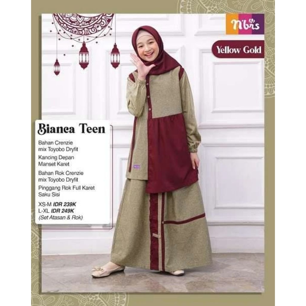 SALE NIBRAS TEEN BIANCA YELLOW GOLD DAN GREY| SARIMBIT BIANCA| SET ROK+ATASAN  BAJU MUSLIM REMAJA