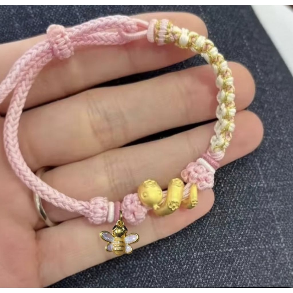 charm liontin shio ular Gelang Emas dengan Bunga dan Pasangan Bulat 24k hongkong 999