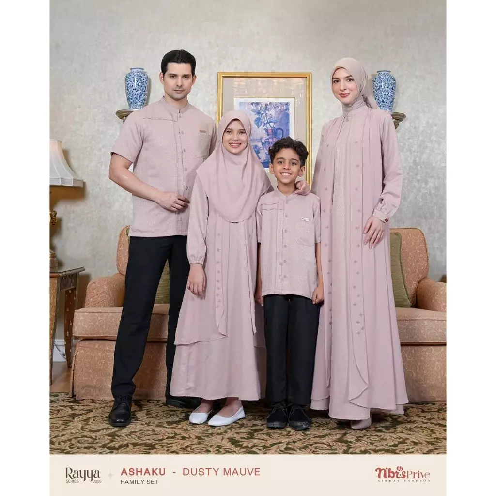 nibras prive ashaku warna dusty mauve, sarimbit keluarga merk nibras, gamis, koko, gamis anak koko a
