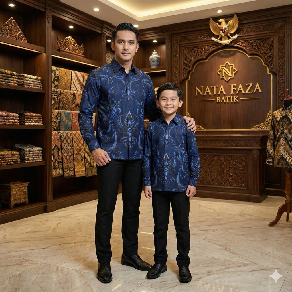 ELEGAN Biru Dongker Baju Batik Katun Couple Ayah Anak Lengan Panjang Motif Etnik Premium Anggun Coco