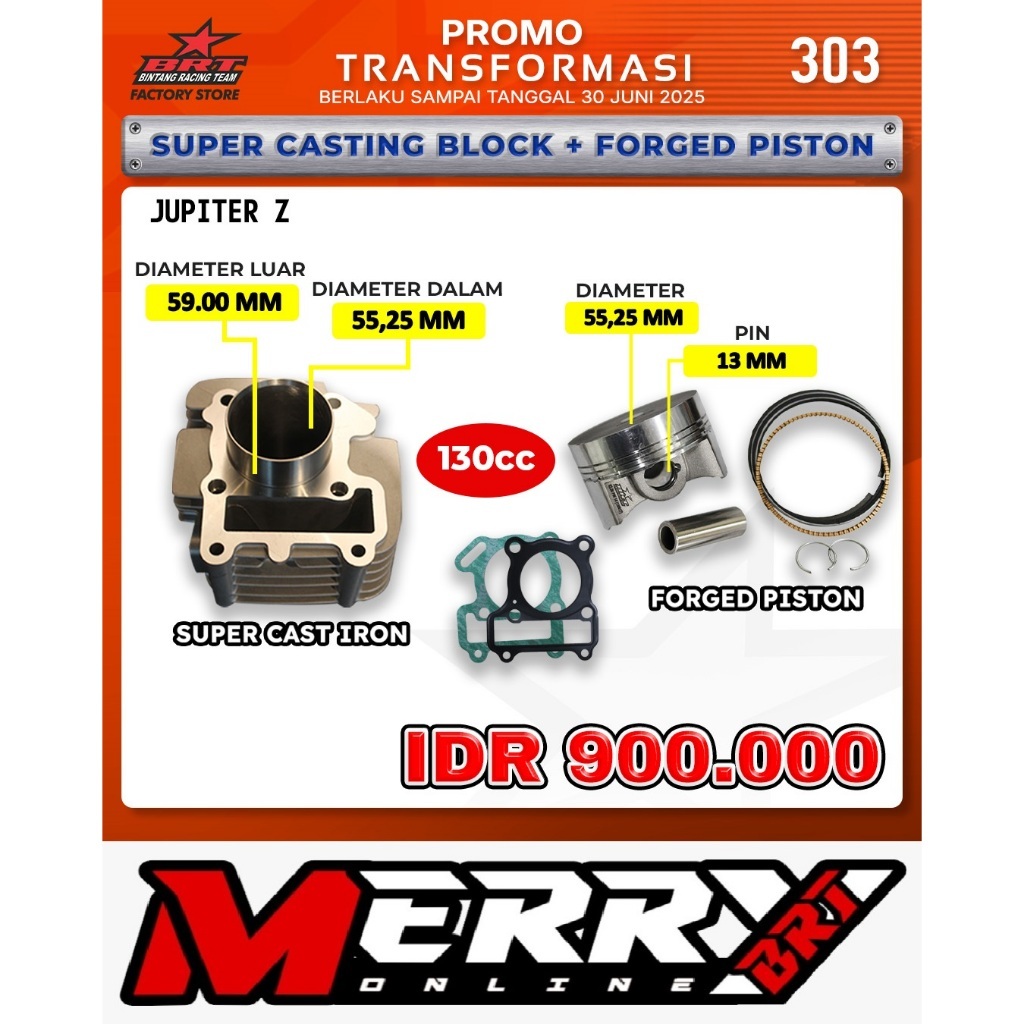 Promo 303 Paket Bore Up BRT Jupiter Z Vega R New 110 Blok Piston 55.25mm 5TP