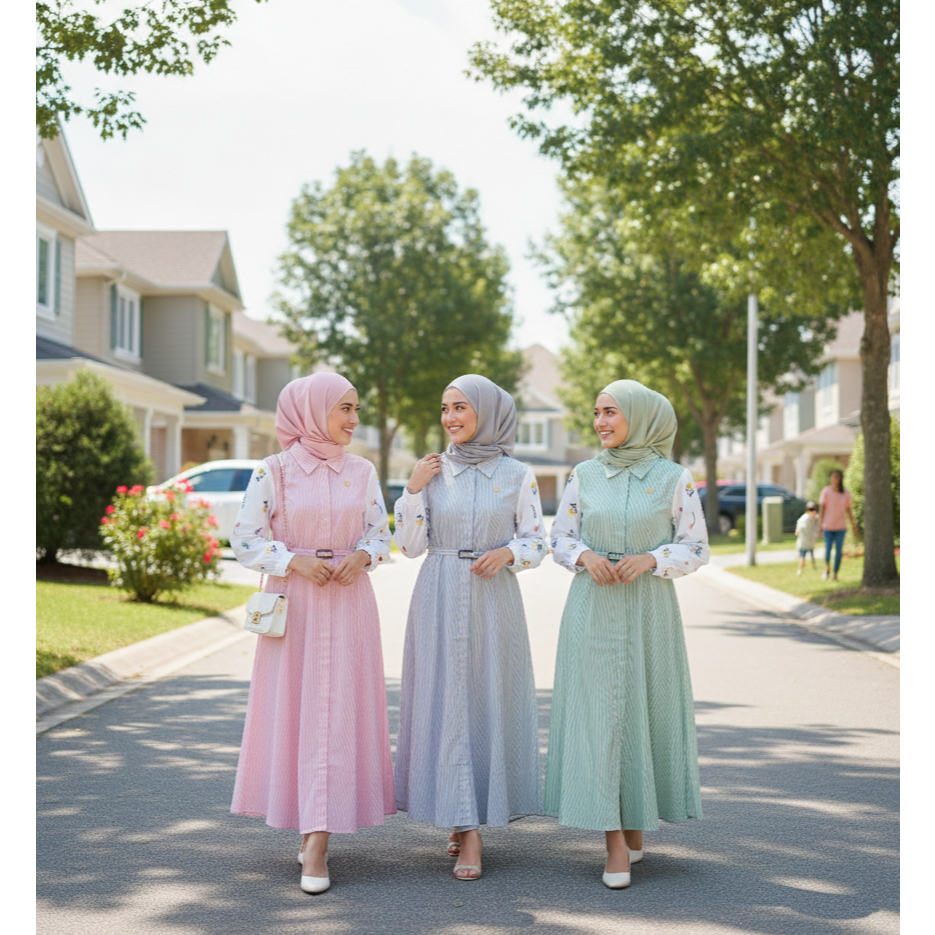 REAL PICT Berga gamis midi katun motif salur busui friendly terbaru berga collection